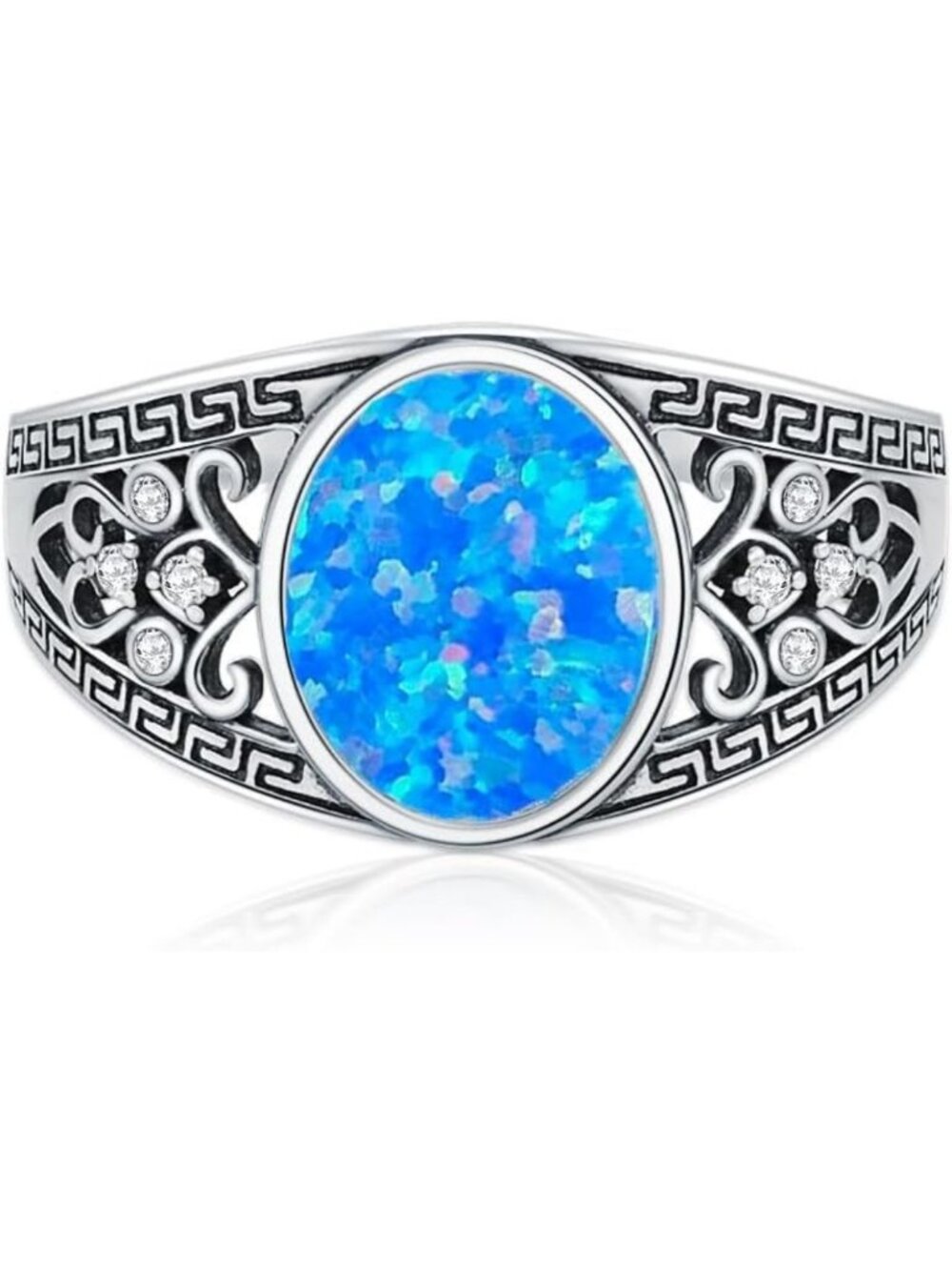 Vintage Oval Cut Opal Statement Ring in White/Black/Blue - 925 Sterling Silver